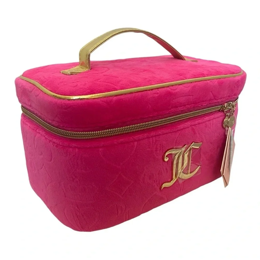 Juicy Couture Hot Pink Velour Train Case Makeup Bag Gold Logo New With Tags