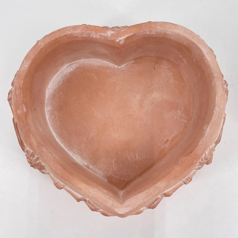 Vintage Terracotta Heart Trinket Box Embossed Angel Bird Floral Lidded Korea