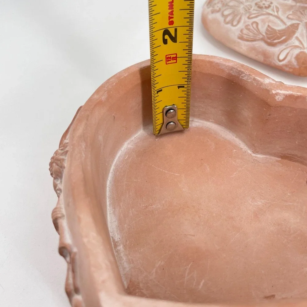 Vintage Terracotta Heart Trinket Box Embossed Angel Bird Floral Lidded Korea