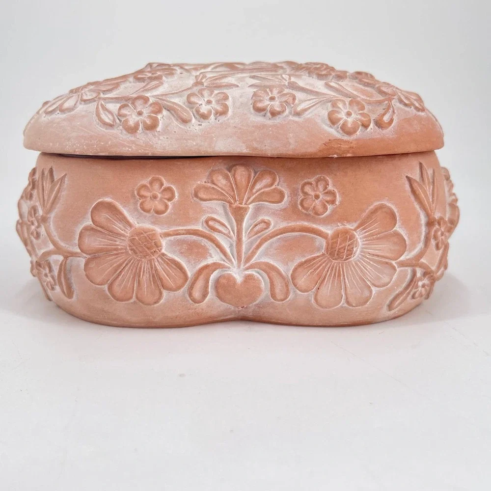 Vintage Terracotta Heart Trinket Box Embossed Angel Bird Floral Lidded Korea