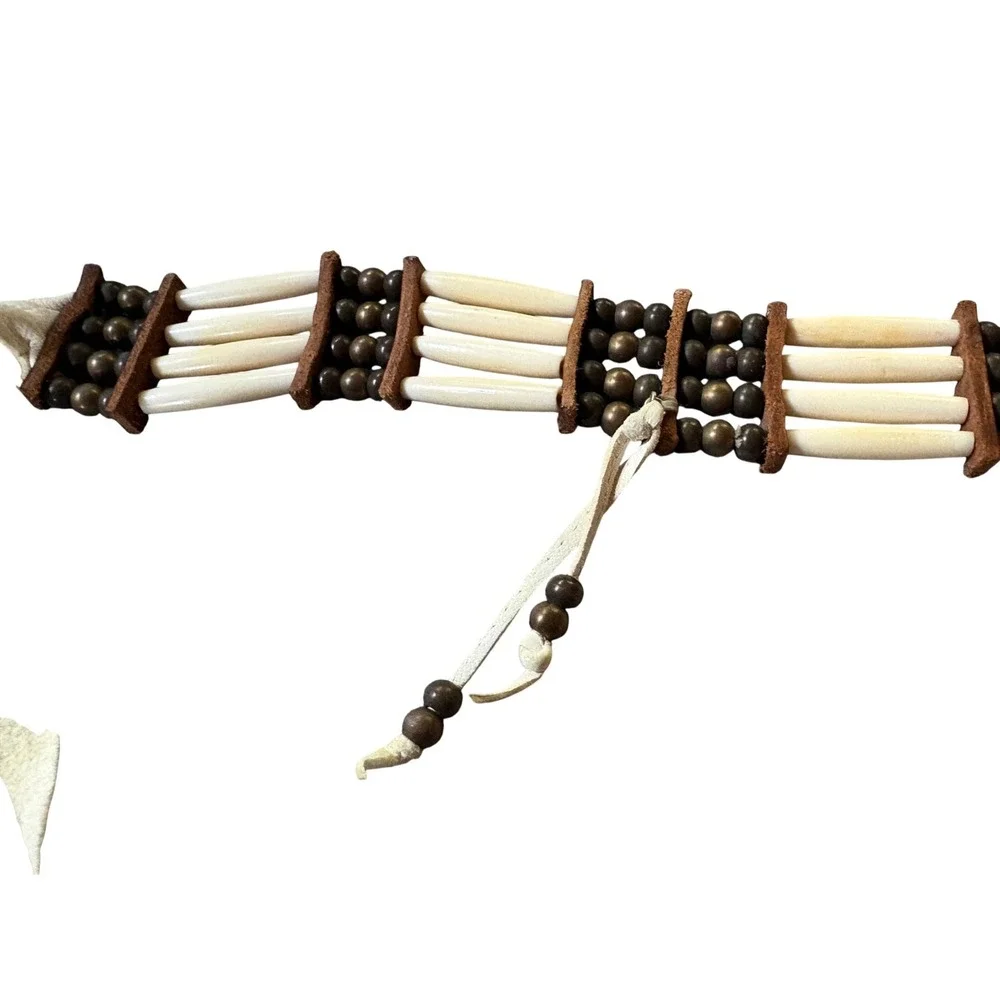 Vintage Style Bone Hairpipe Choker Necklace Leather Tie Wood Bead Tribal Boho