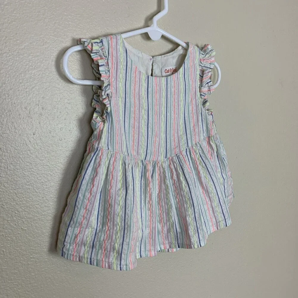 Cat & Jack Neon Stripe Seersucker Ruffle Sleeveless Top White Girls 18 Months