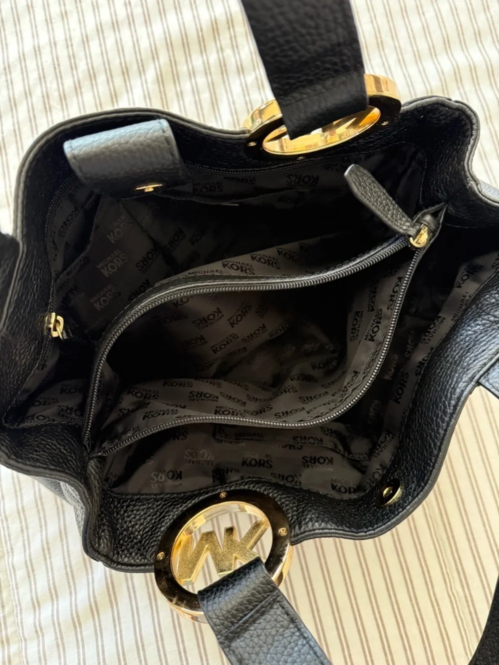 Michael Kors Black Leather Tote with Gold MK Logo Charm