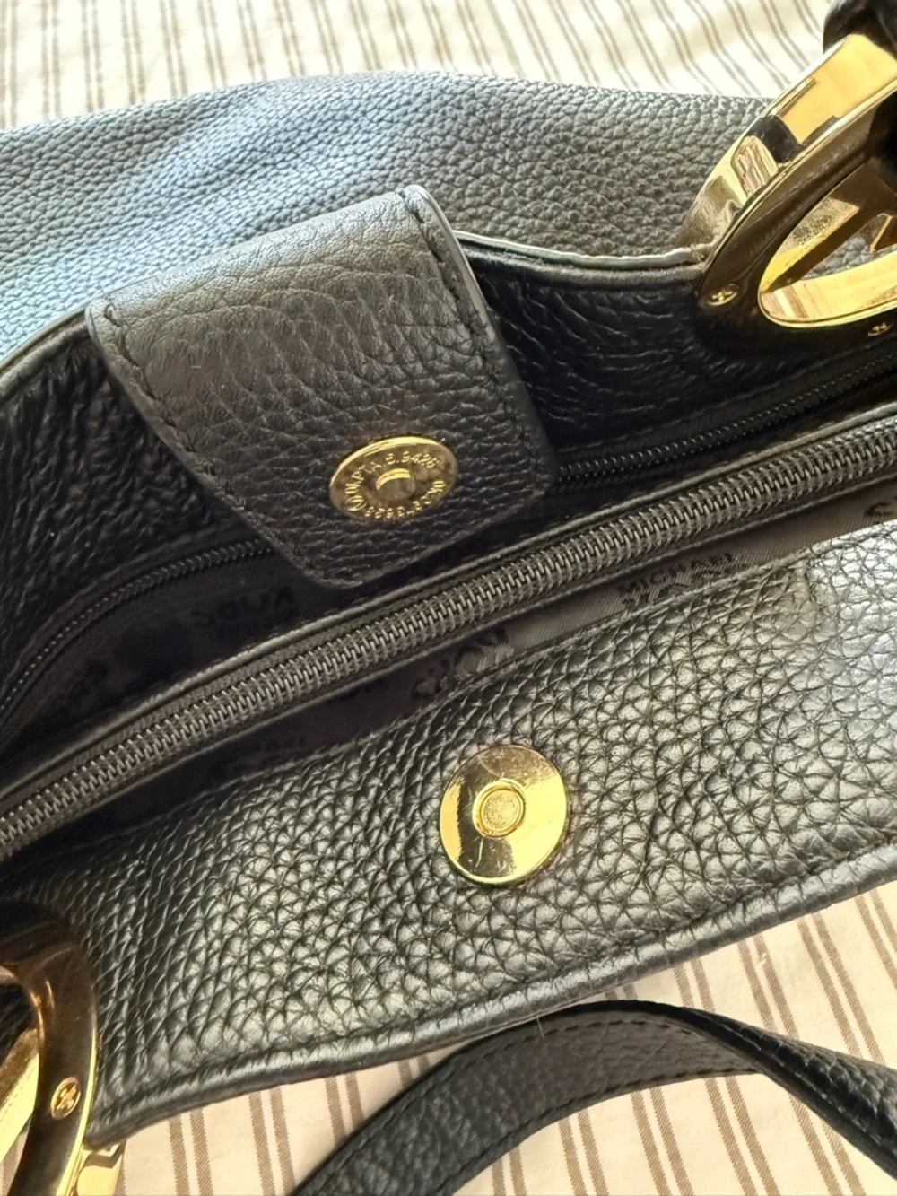 Michael Kors Black Leather Tote with Gold MK Logo Charm
