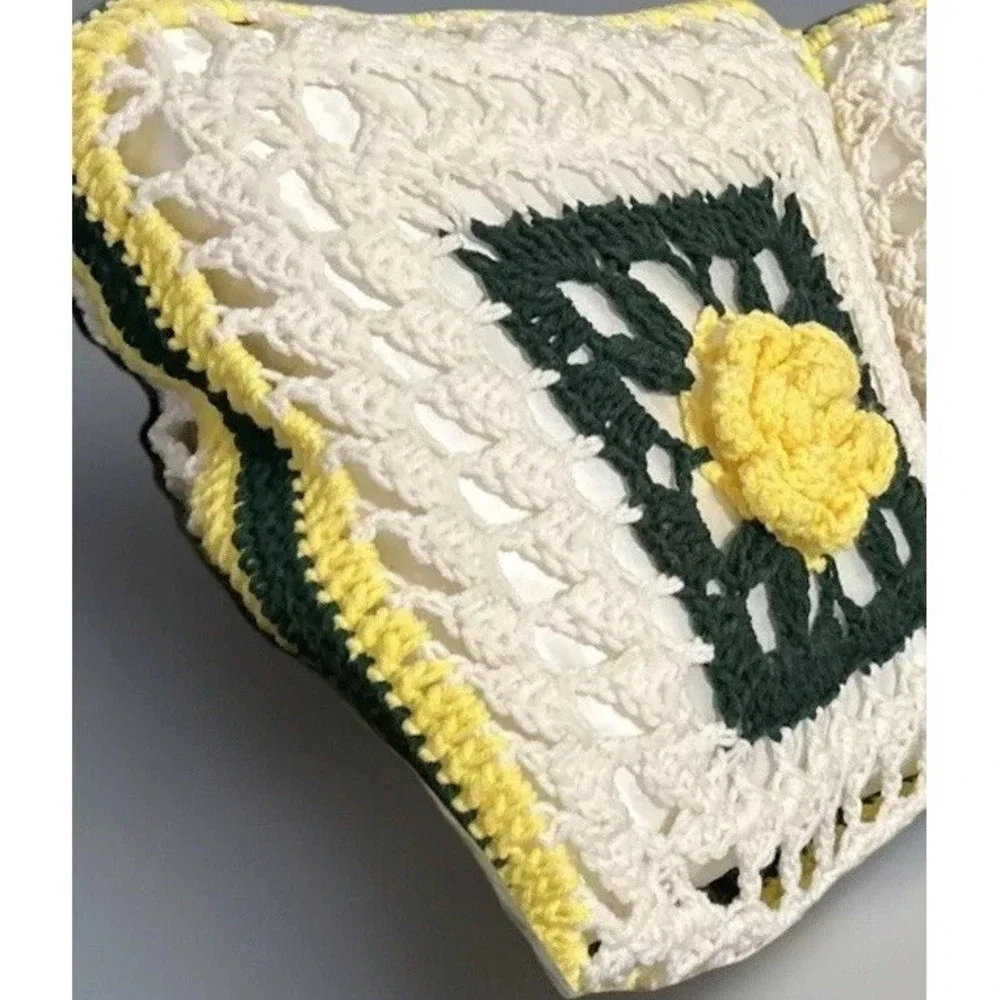 Handmade Crochet Rose Granny Square Throw Pillow White Yellow Green Vintage (#2)
