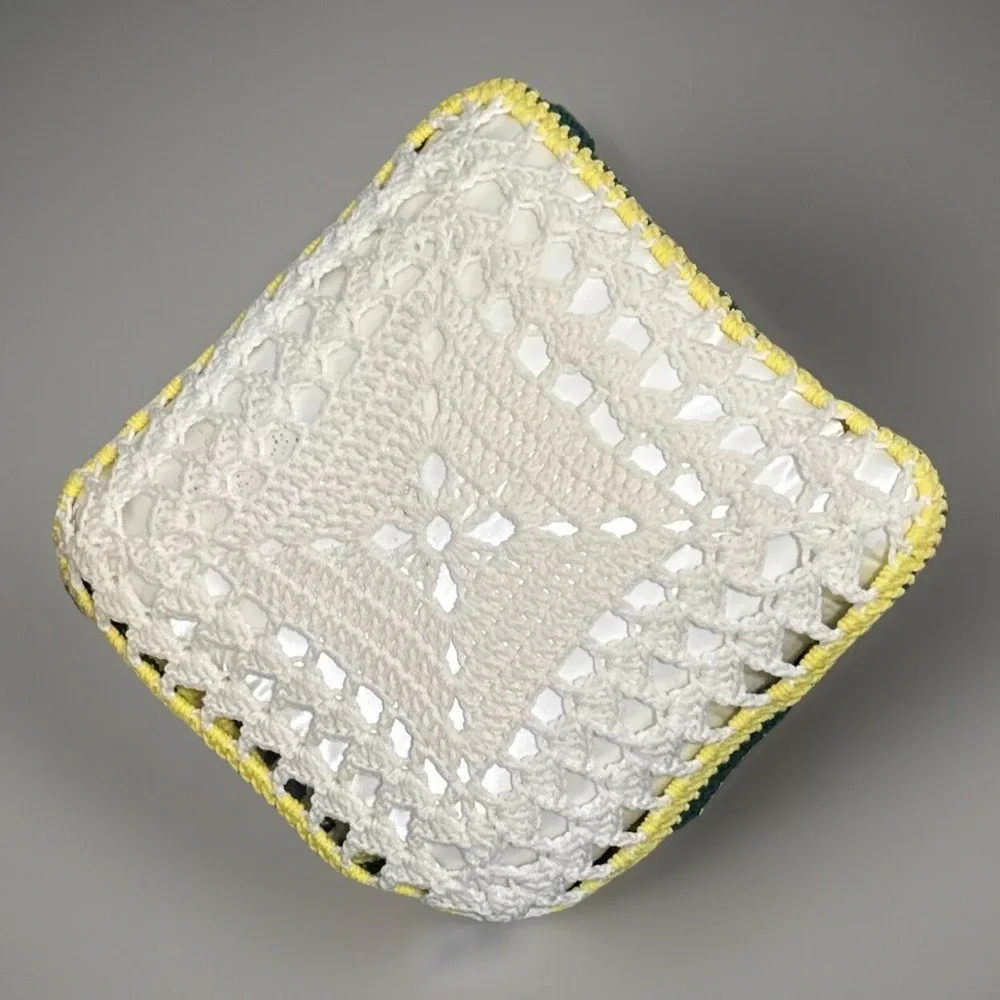 Handmade Crochet Rose Granny Square Throw Pillow White Yellow Green Vintage (#2)