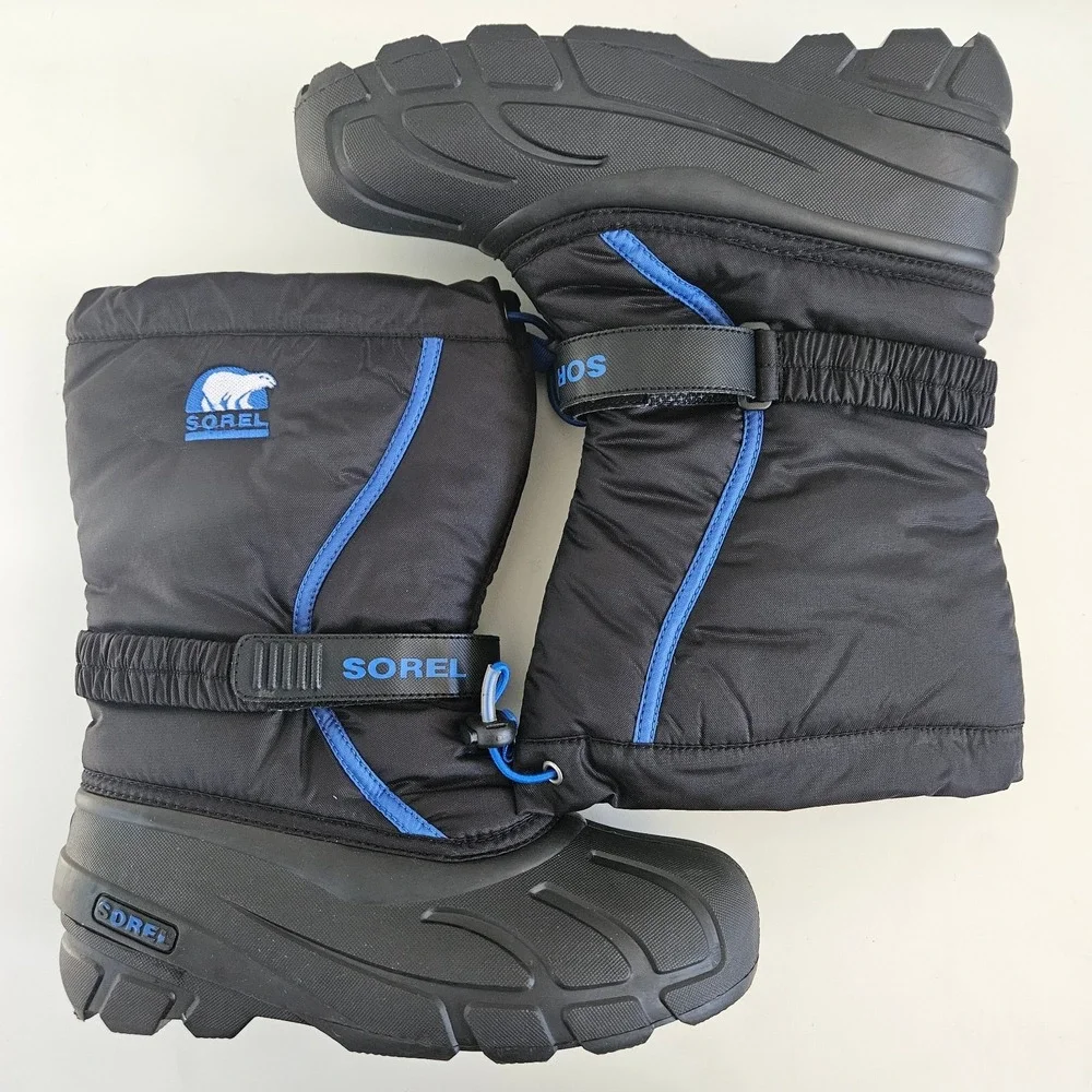 Sorel Flurry Snow Boots Youth 6 Black Blue Waterproof Warm Lining NY1810-010