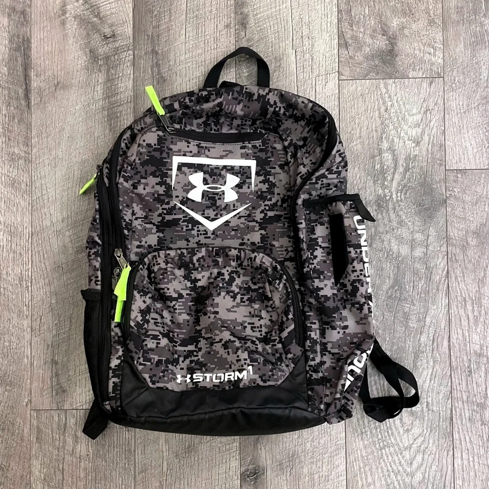 Under Armour Storm 1 Backpack Digital Camo Grey Black Neon Green Baseball Bag