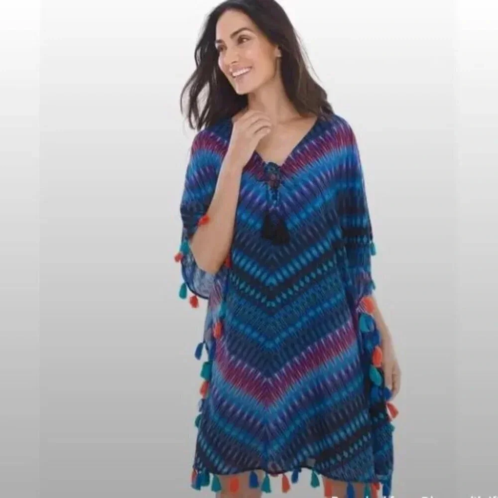 MIRACLESUIT Marrakech‎ Caftan Swim Coverup Multi Color Tassles Sz Large