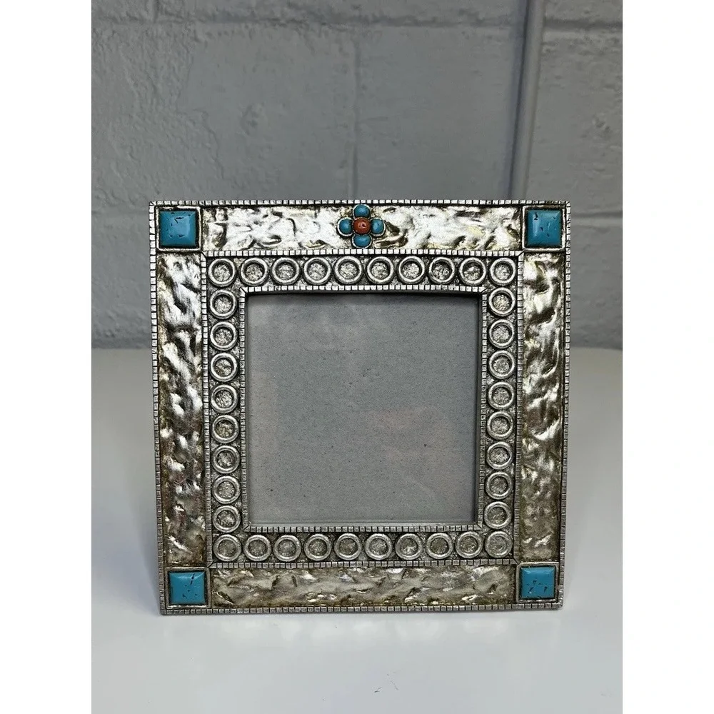 Southwestern Silver Tone Turquoise Picture Frame Rustic Coral Western Native‎