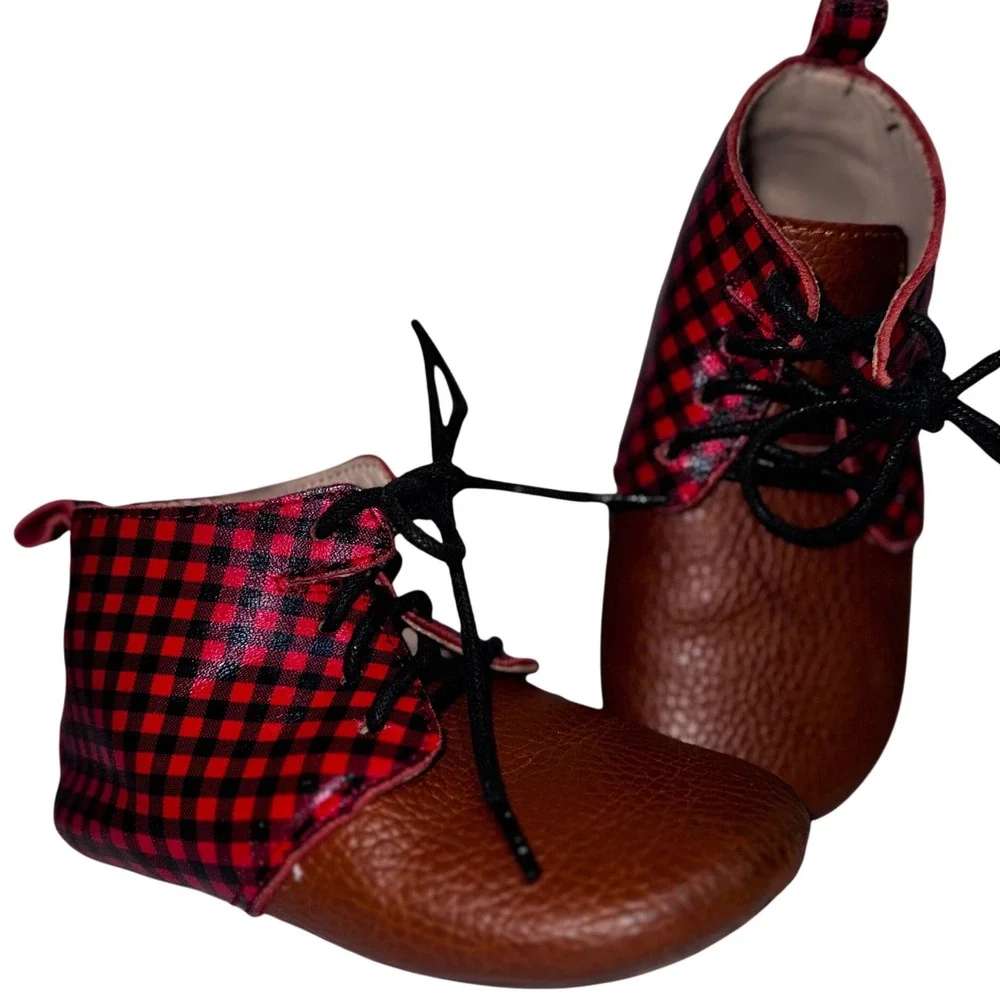 Monkey Feet Baby Boots Buffalo Plaid Leather Lace Up Chukka 18- 24 Month/ Sz 5?‎