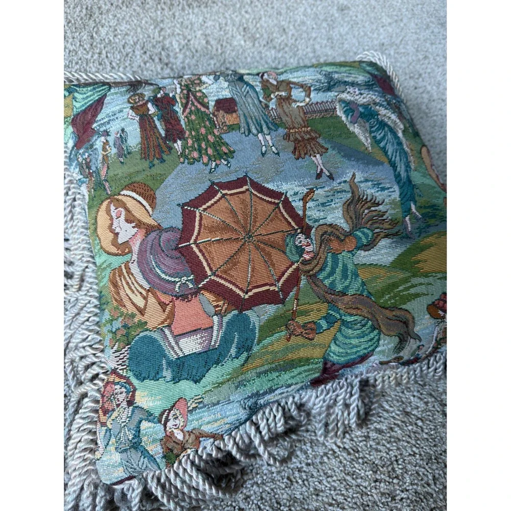 Vintage Victorian Tapestry Throw‎ Pillow with Fringe Ladies in Garden Scene
