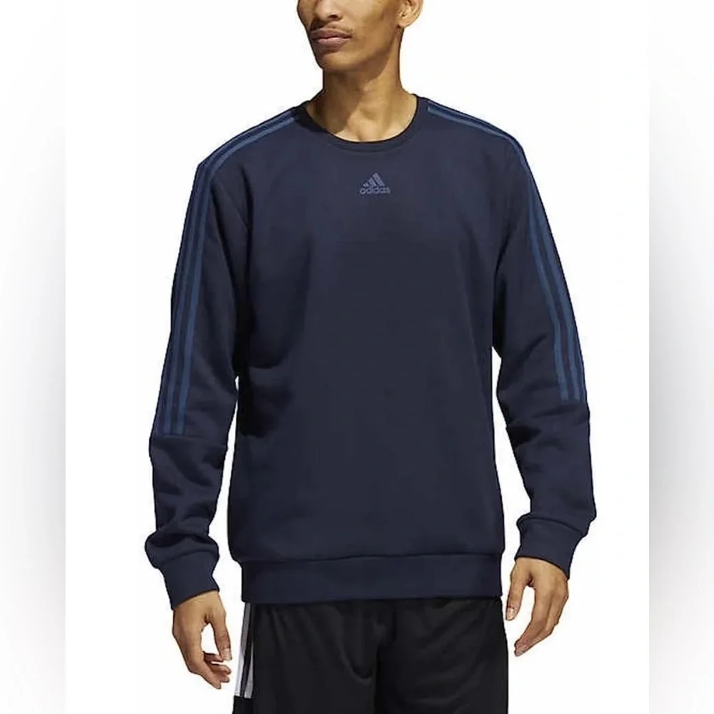 Adidas Men’s sz L Long Sleeve 3 Stripe Fleece Crew Sweatshirt Pullover Navy Blue