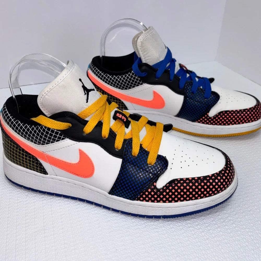 Nike Air Jordan 1 Low Multi Color Grid Sneakers White Coral Blue Yellow Size 7 Y