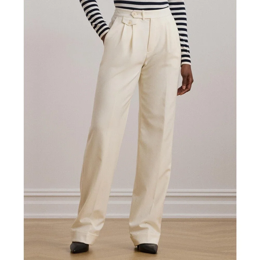 Lauren Ralph Lauren Wool Pleated Twill Straight Pants Women's 6 Winter Cream
