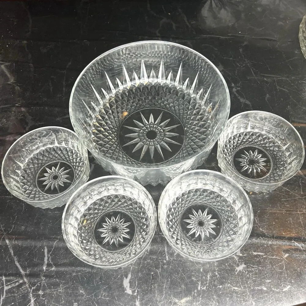 Vintage ARCOROC~ 5 pc Set ~Clear Glass France Diamant Salad Berry Serving Bowls