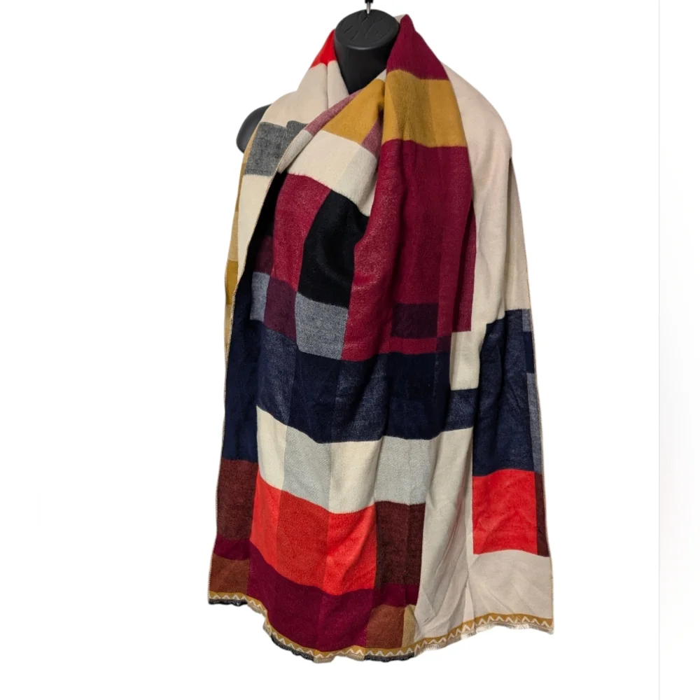 Colorful Block Pattern Mulberry Silk And Fine Wool‎ Scarf