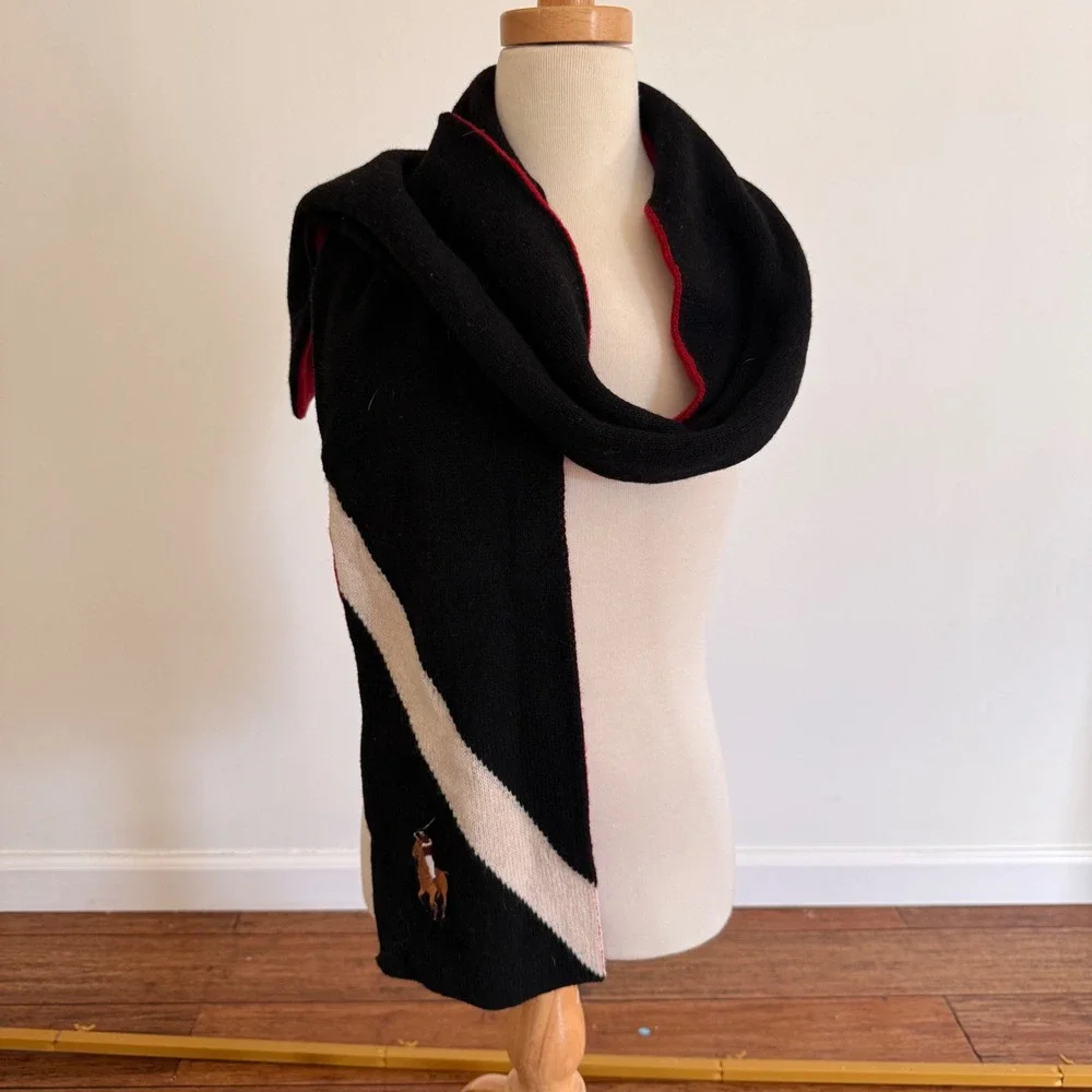 Vintage Polo Ralph Lauren‎ Lambswool Scarf Black Red Stripe Embroidered Pony