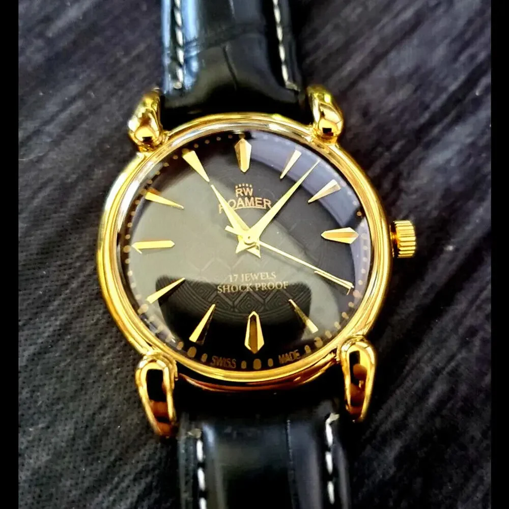 Vintage Roamer Brevete Swiss Mens Manual‎ Watch Gld Blk Blk