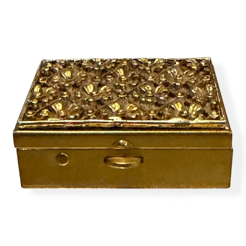 Vintage Gold-Tone Metal Pillbox With Floral Embossed Lid &‎ Blue Velvet Interior