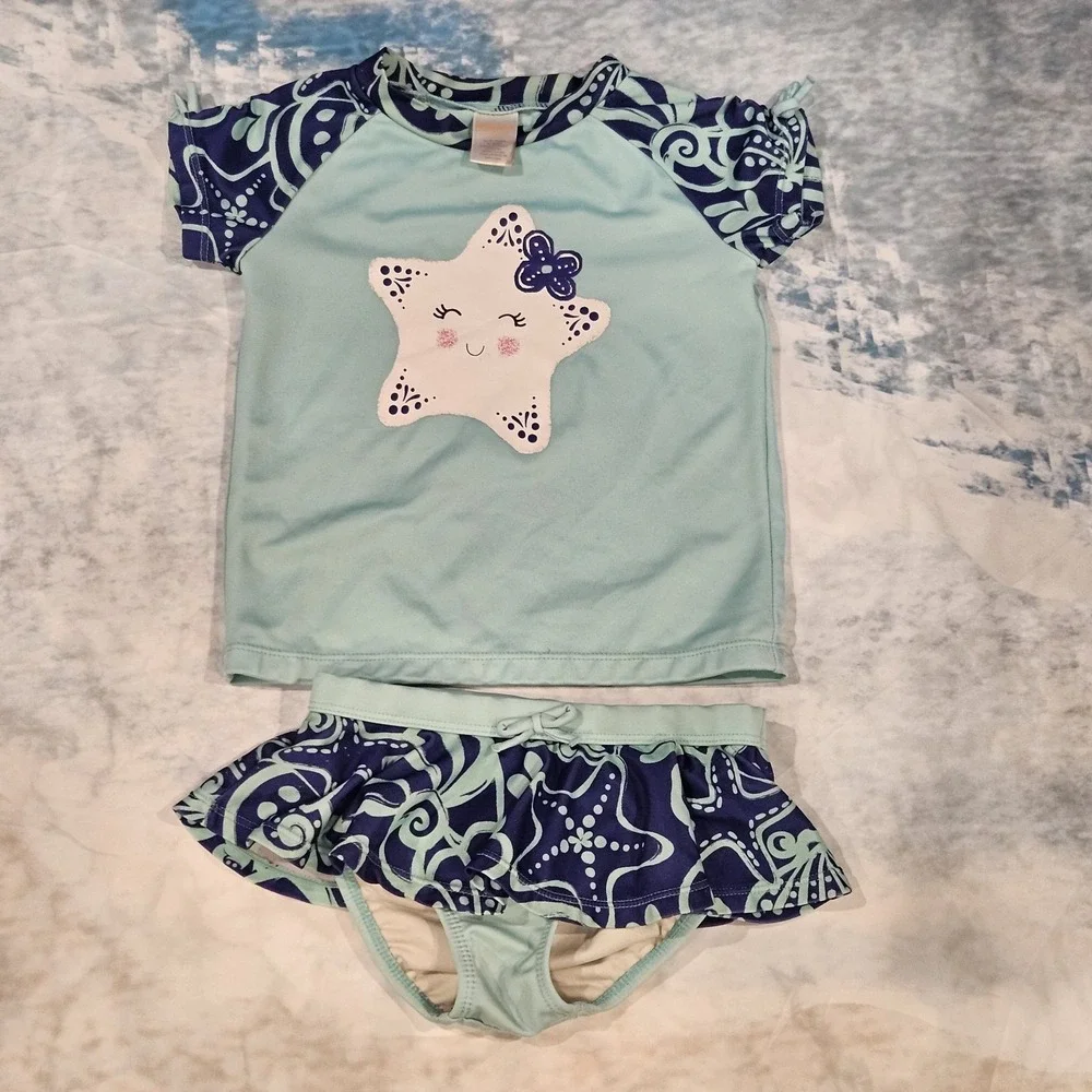 Gymboree Girls 5T 2 Piece‎ Swimsuit Star Rash Guard Set Blue Ruffle Bottoms