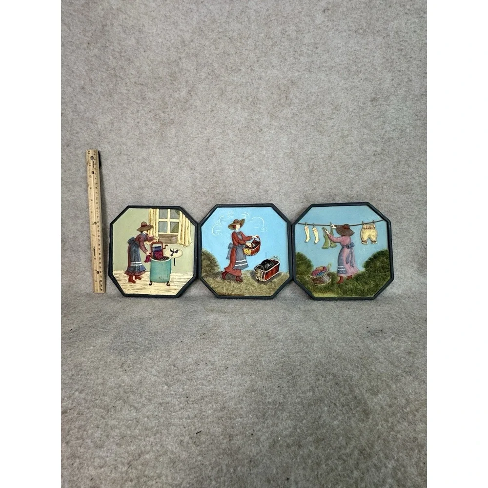 3D Ceramic Wall Pictures Laundry Lady 3-Picture‎ Scenes Washing Hanging Drying