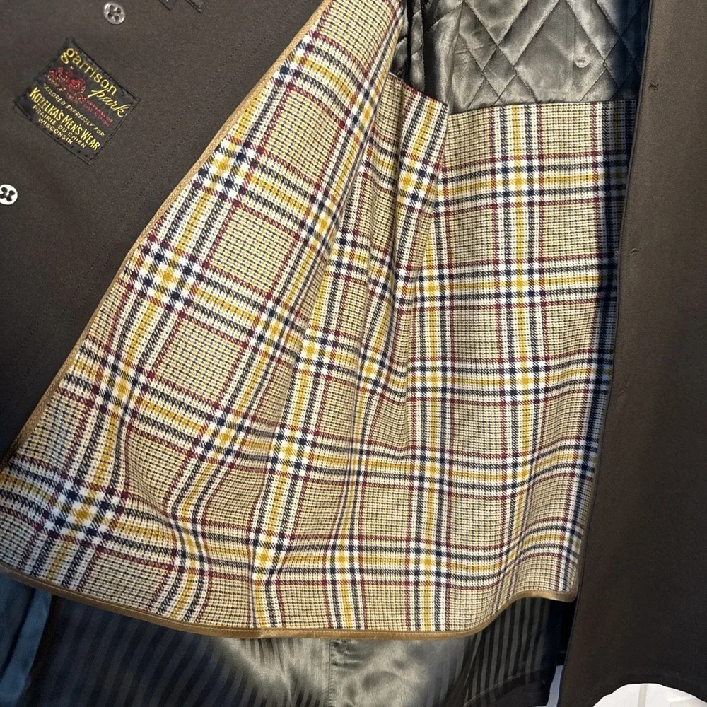 Vintage Crownwear Brown All Weather Coat 42R‎ Zip Out Liner Plaid Lined Overcoat