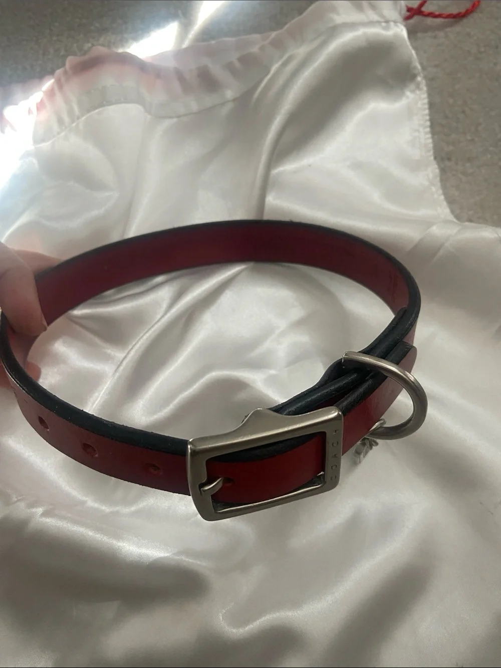Coach Red Leather Dog Collar with Silver Buckle and Tag