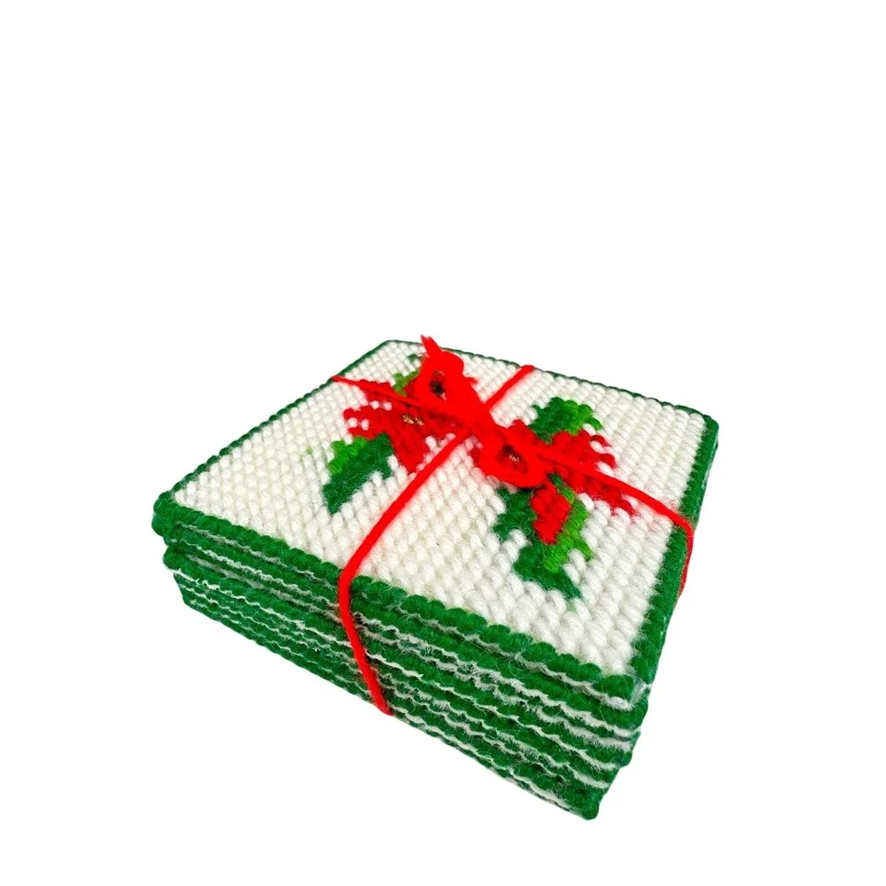 Vintage Needlepoint Christmas Coasters Set of‎ 8 Holly Poinsettia Handmade
