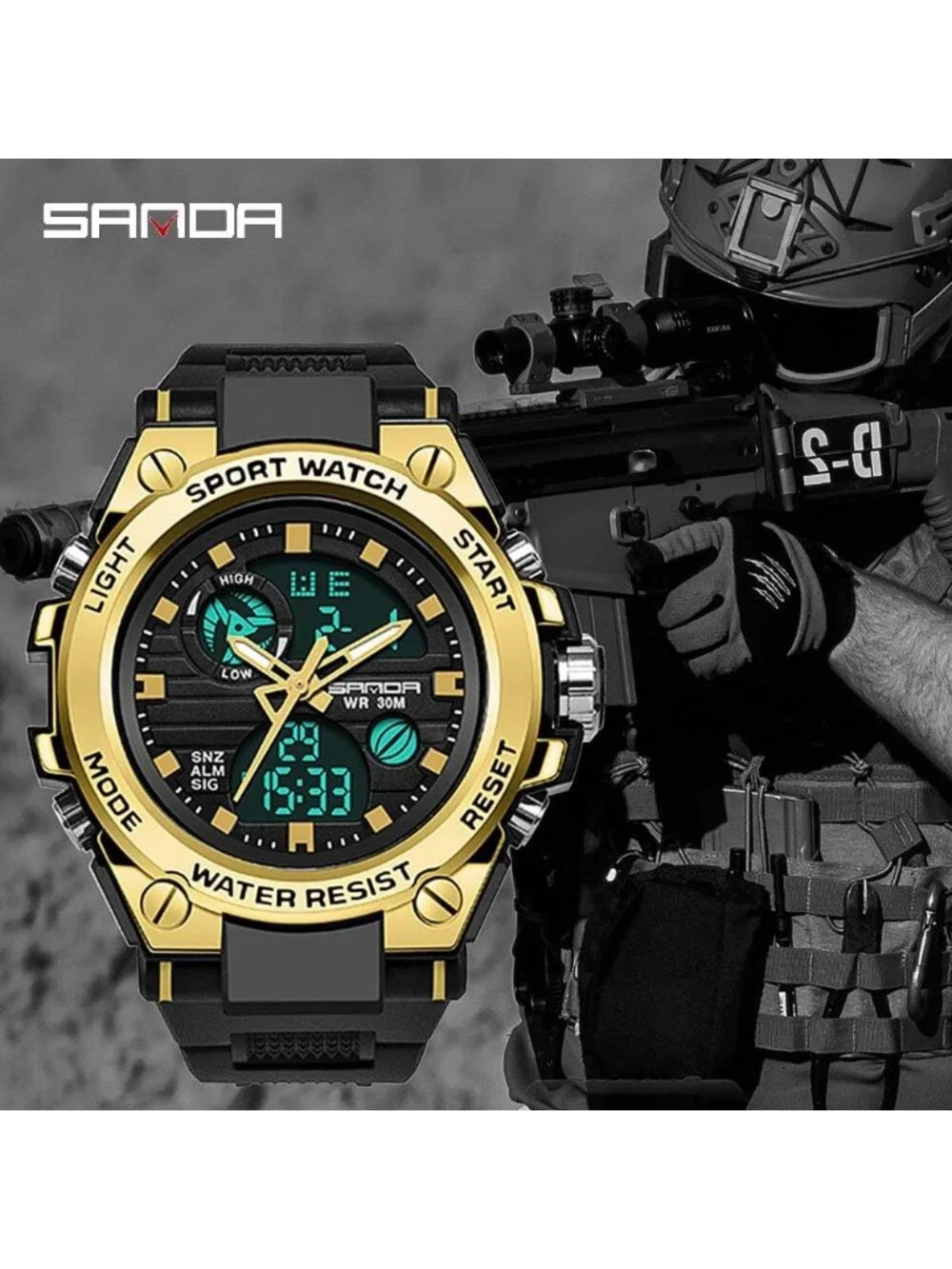 Men's Black Gold Analog Quartz Sports Outdoor Waterproof Military Digital Watch