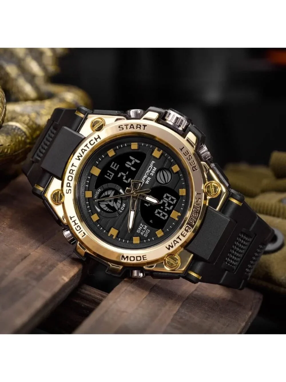 Men's Black Gold Analog Quartz Sports Outdoor Waterproof Military Digital Watch
