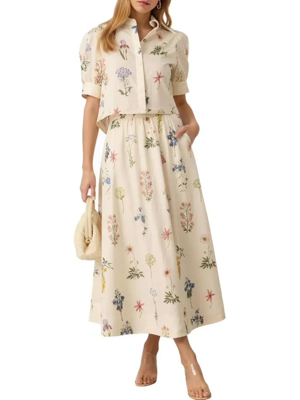 Womens 2 Piece Floral Skirt Sets Puff Sleeve Blouse and Elastic Waist Matching S