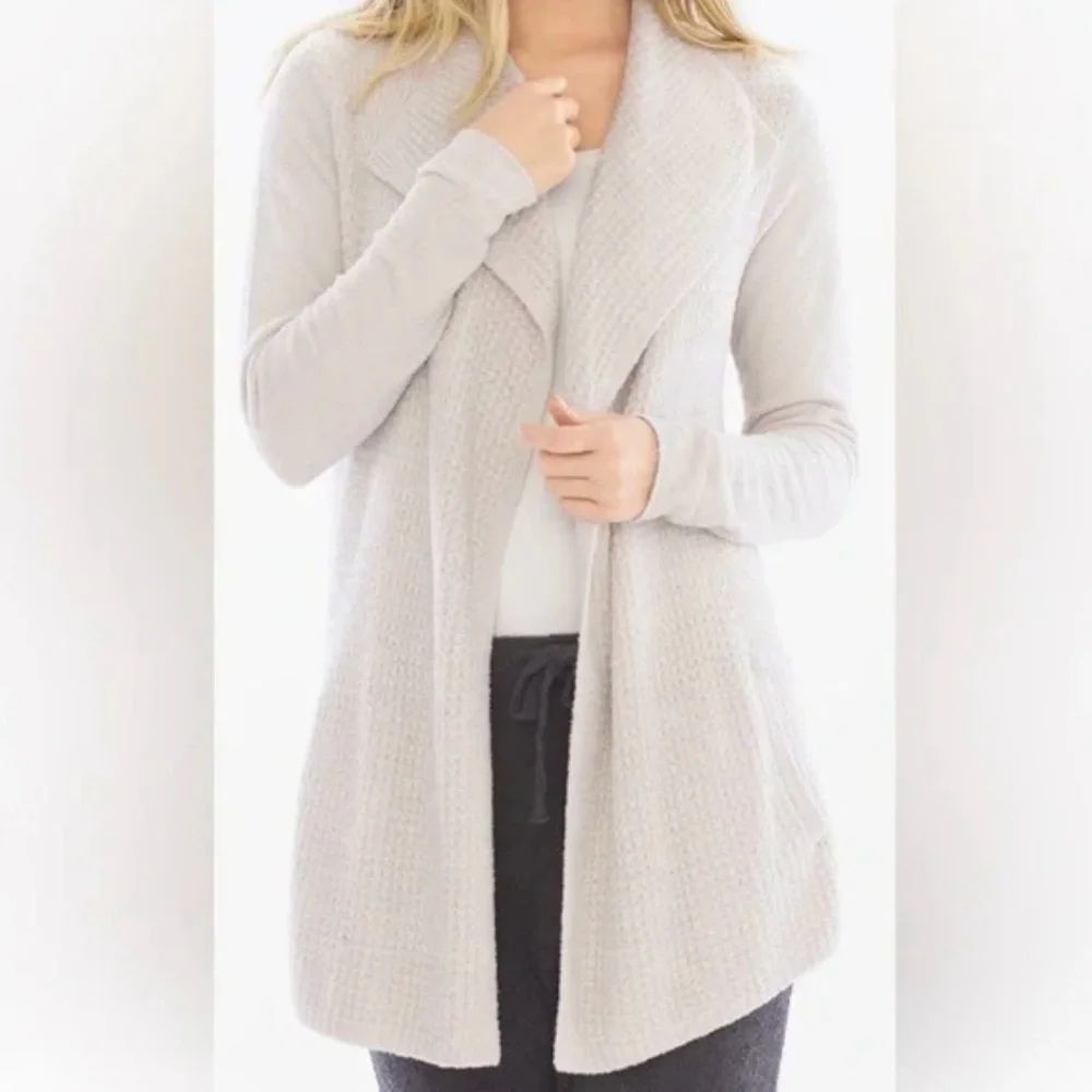 Barefoot Dreams CozyChic Lite Coastal Cardi Draped Open Front Sweater Bisque L