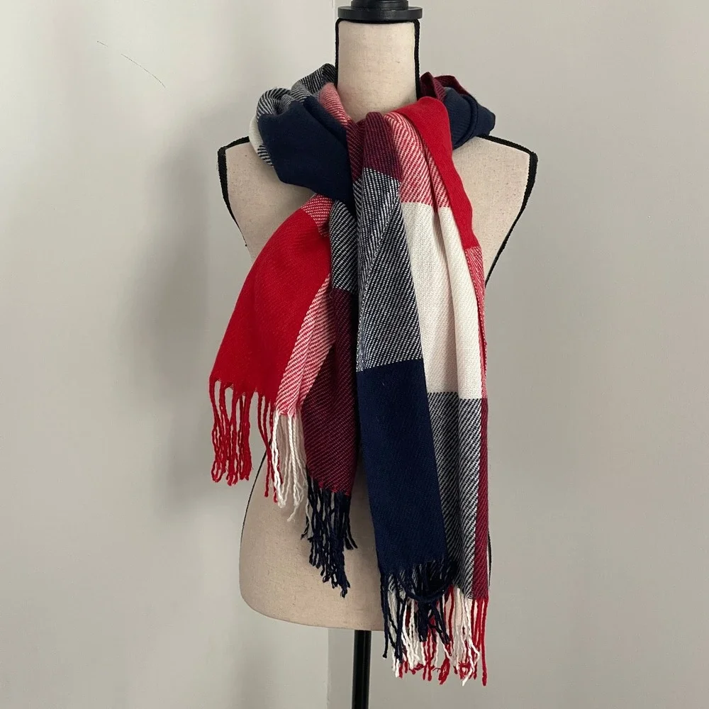 Blanket Scarf Plaid Warm‎ Winter Shawl Wrap Fringe Red Navy USA Preppy Holiday