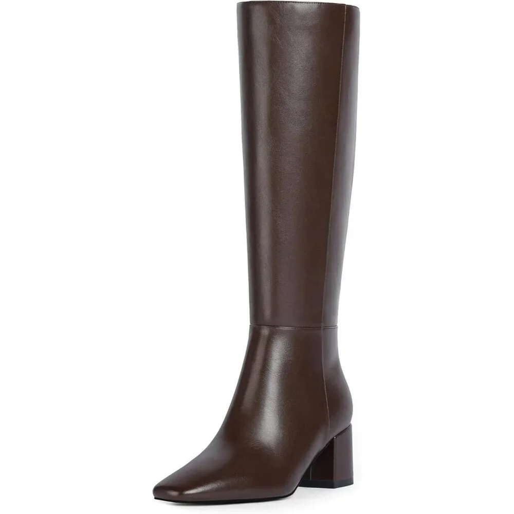 Women's Chocolate Knee High Boots Square Toe Tall Chunky Heel Rubber