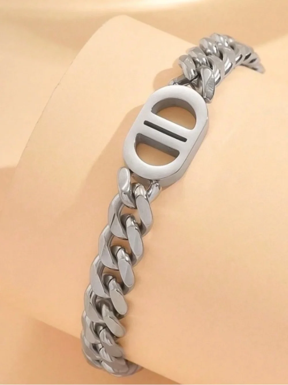Silver Cuban Link Bracelet with Oval Emblem