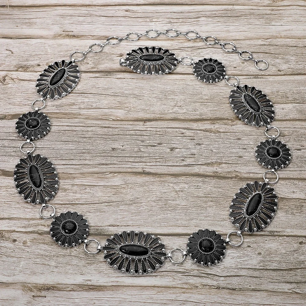 Silver & Black Boho Vintage Western Stone Concho Statement Belt