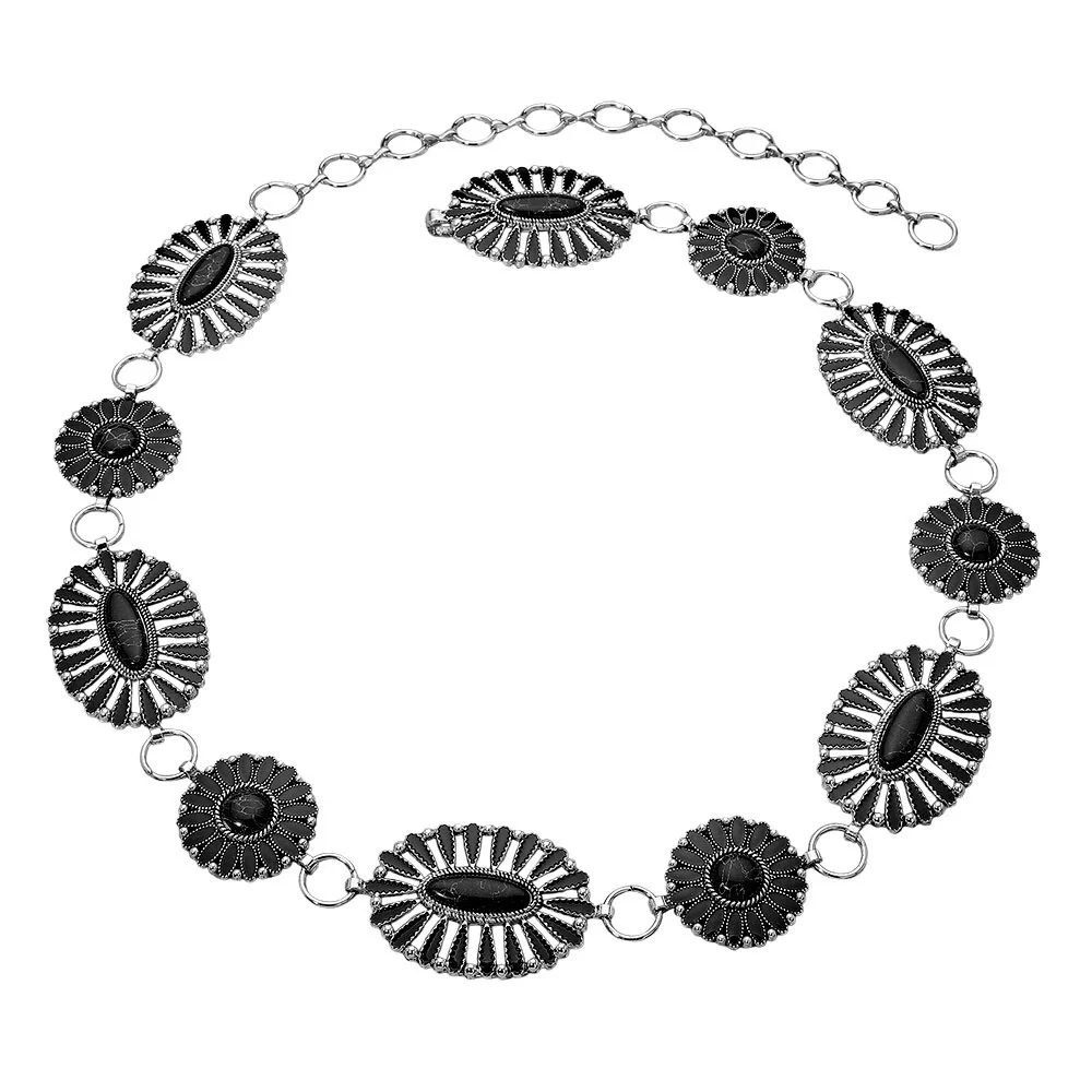 Silver & Black Boho Vintage Western Stone Concho Statement Belt
