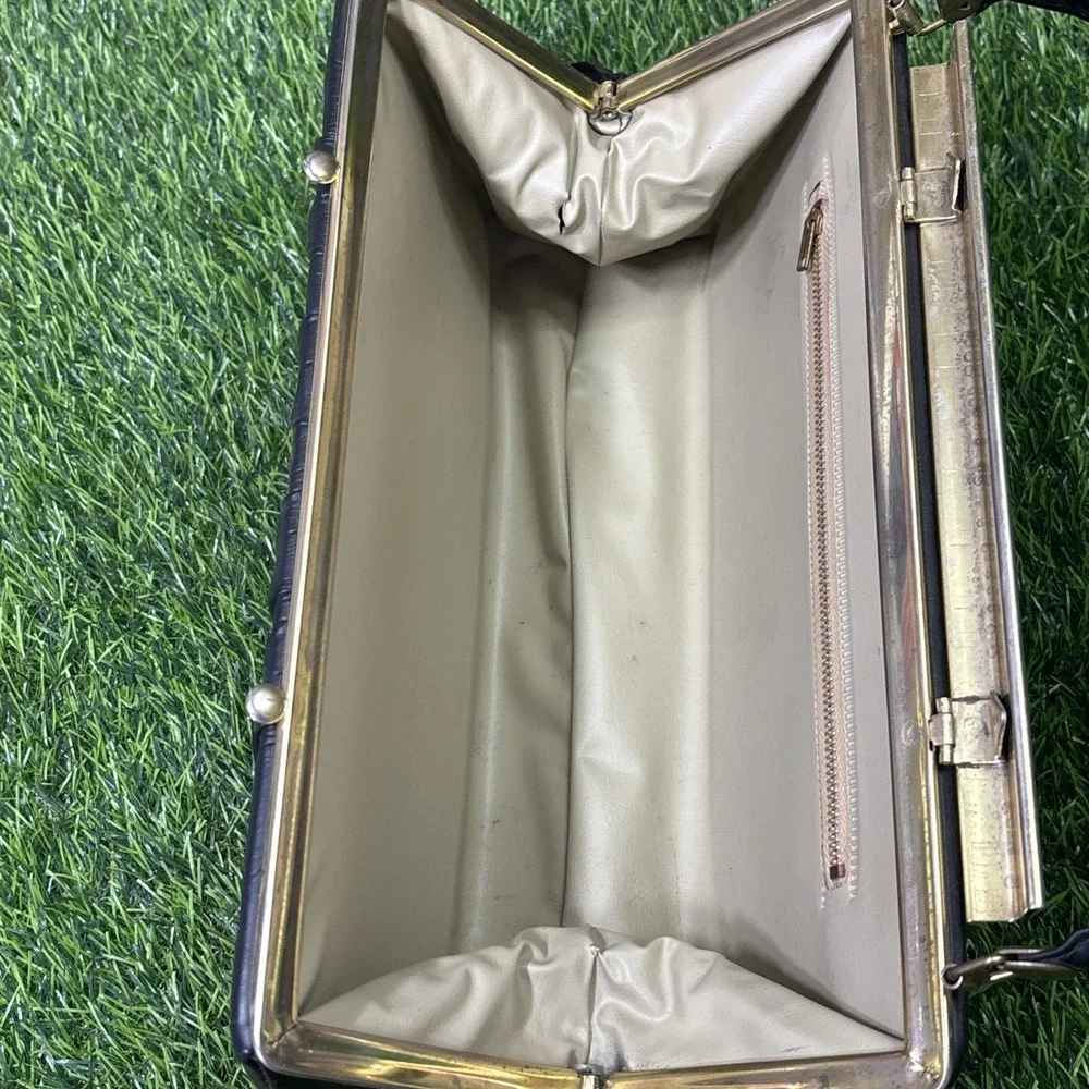 Vtg 50s Black Leather Wrapped Metal Top Handle Bag Gold Frame Clasp Purse
