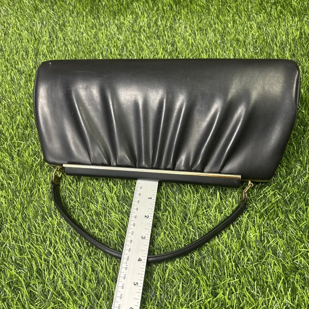 Vtg 50s Black Leather Wrapped Metal Top Handle Bag Gold Frame Clasp Purse