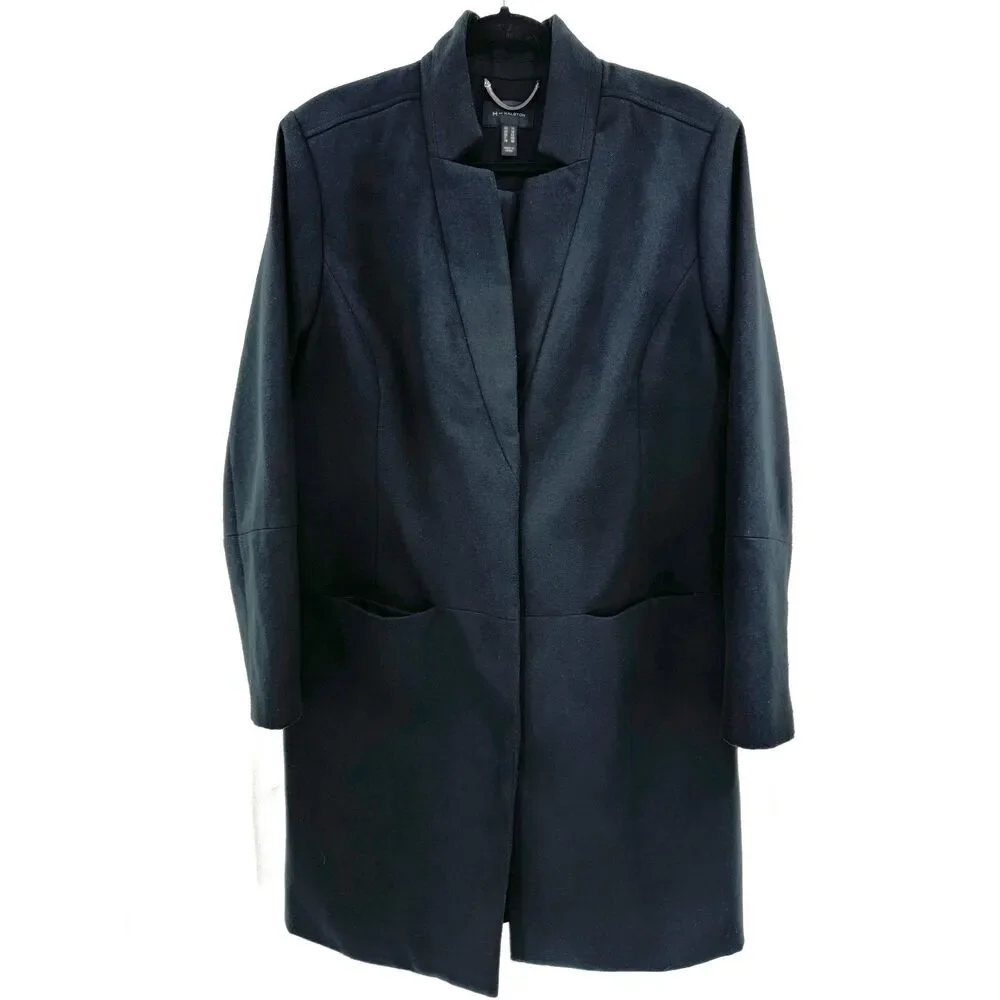 H BY HALSTON Black Snap Front Long Modern Minimalist Peacoat Coat Size 14