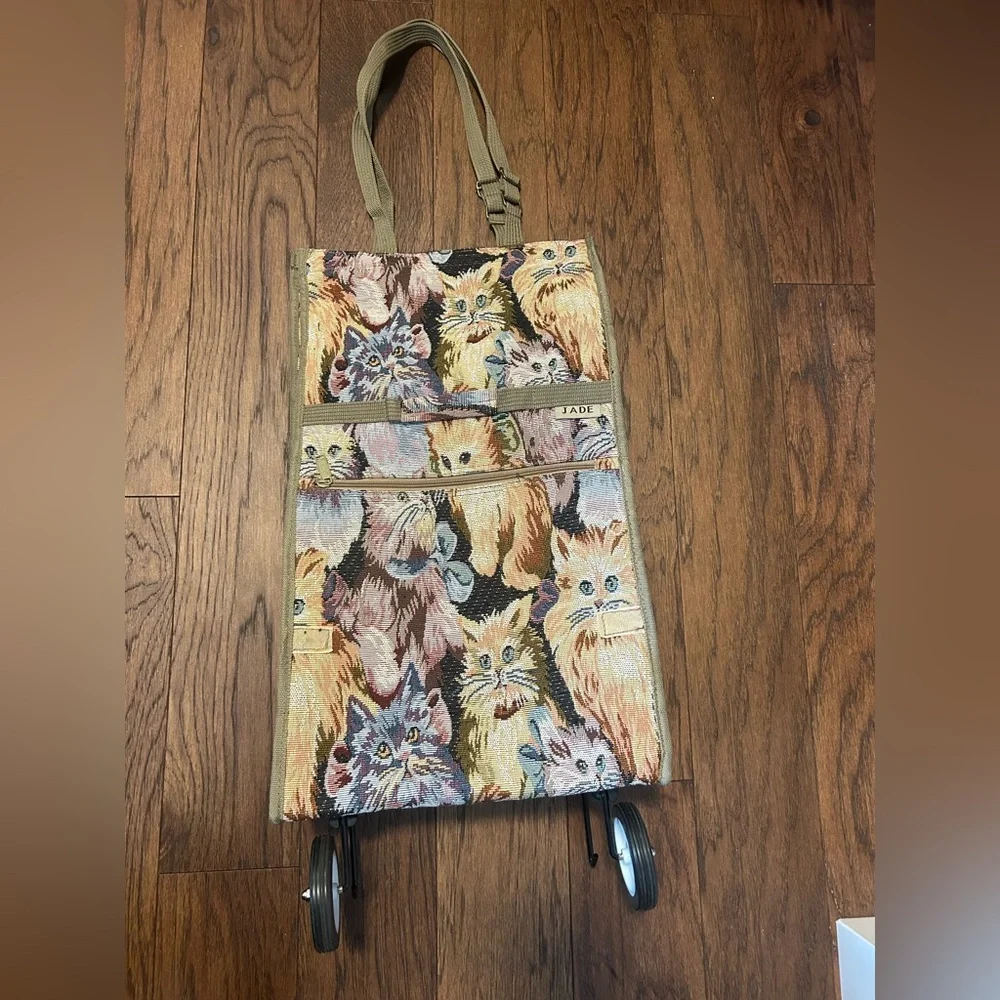Tapestry Cat Print Rolling Tote Bag-see description