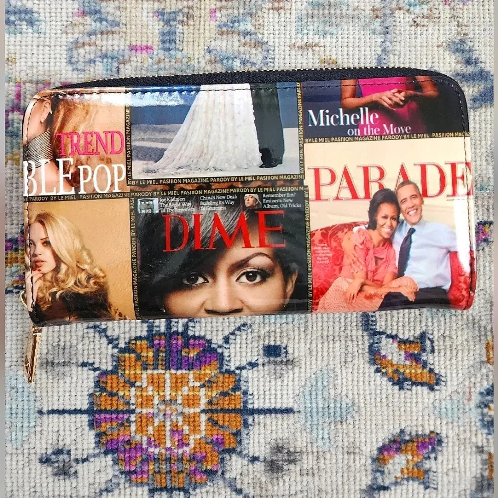 Barack & Michelle Obama Magazine Cover Wallet Glossy Zip Clutch Fashion Wallet