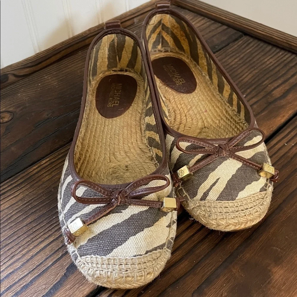 Michael Kors Brown and Tan Zebra Print Espadrille Flats with Bow