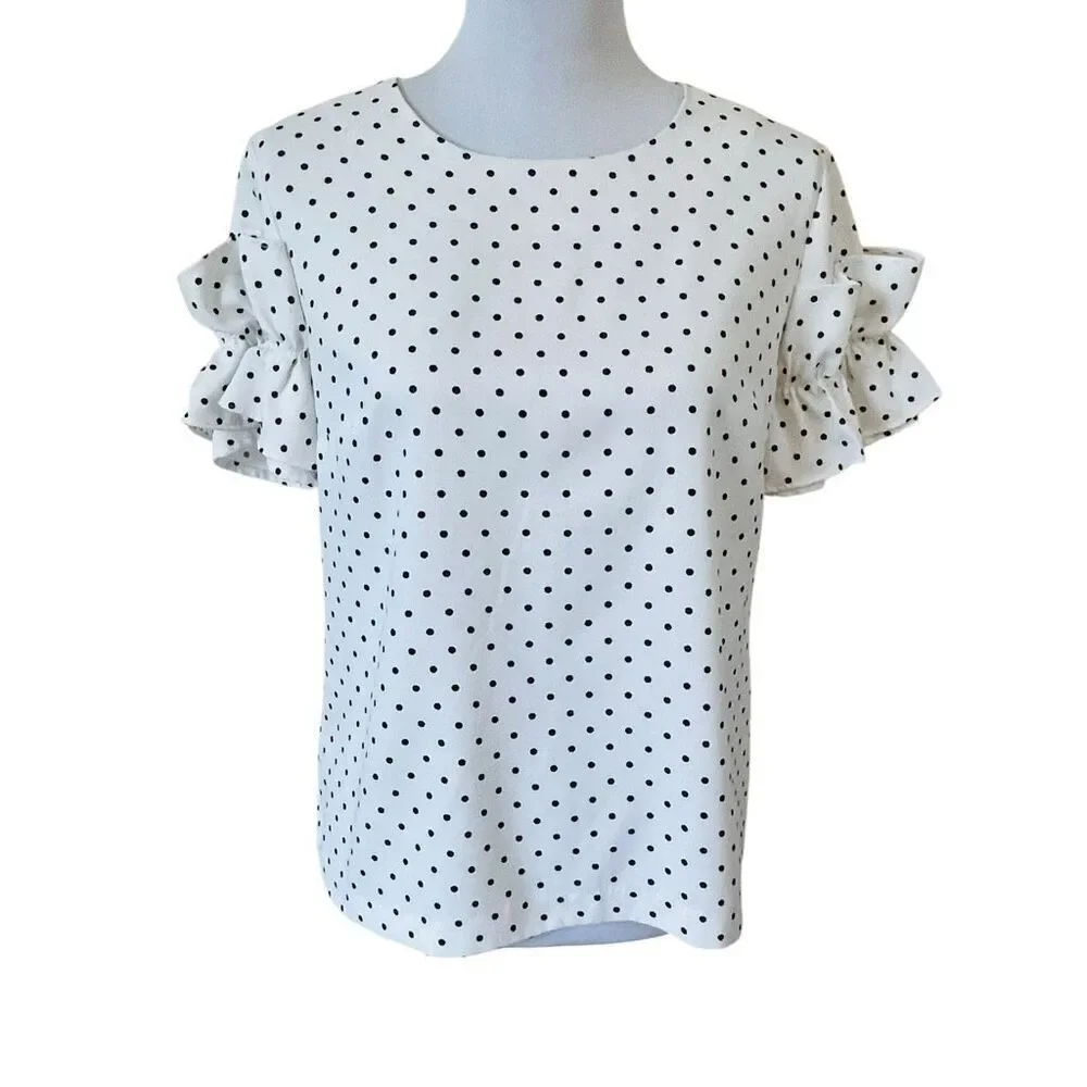 Banana Republic Polka Dot Ruffle Puff Sleeve Shirt Black And White Size Petite M