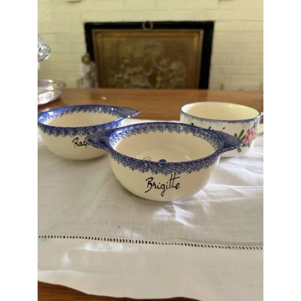French Folk Art Breton Bowls And Cafe Any Lait Cup Handpainted And Signed Blue