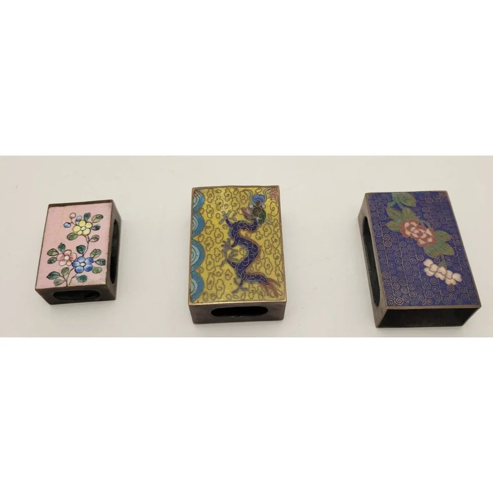 Lot of 3 vintage Chinese cloisonné enamel brass matchbox holders Dragon Flowers
