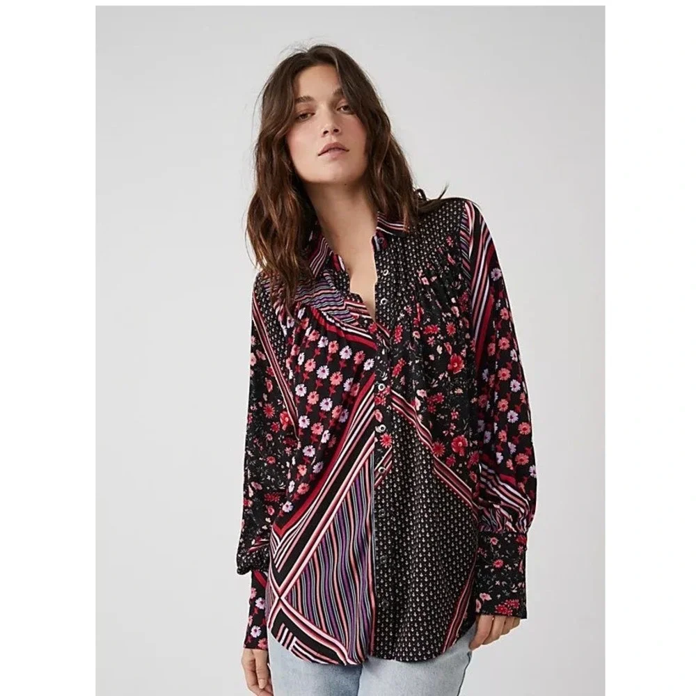 NWT Free People Hazel Womens Floral Stripe Mixed Print Button Down Blouse Small