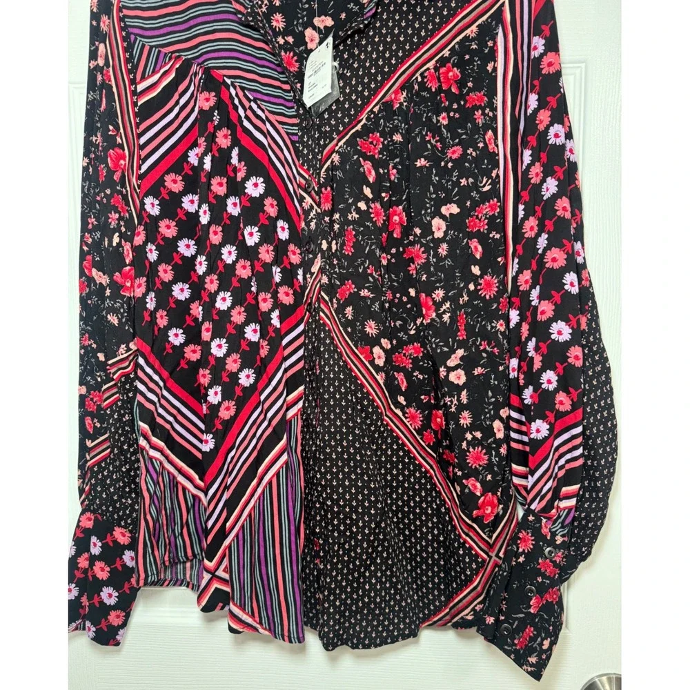 NWT Free People Hazel Womens Floral Stripe Mixed Print Button Down Blouse Small