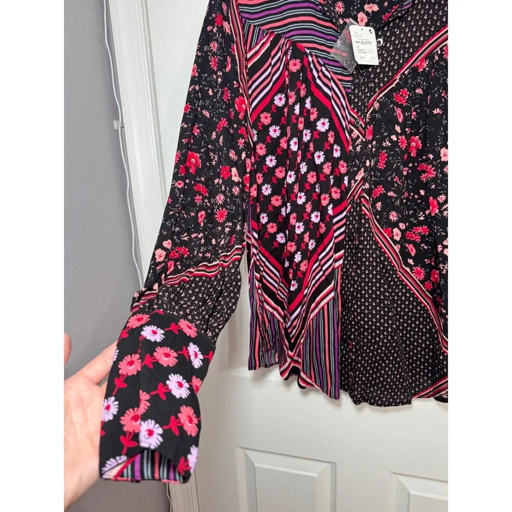 NWT Free People Hazel Womens Floral Stripe Mixed Print Button Down Blouse Small